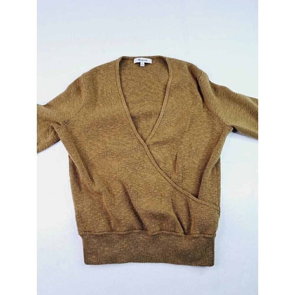Madewell Wrap Front Pullover Sweater Coziest Yarn Tobacco Gold Brown Sz S Alpaca - Picture 3 of 6